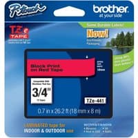 Brother P-Touch TZE441 18mm gloss tape, black text on red background, in blue packaging with durability features.