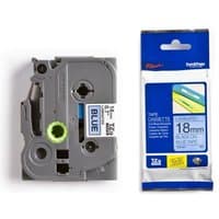 Brother P-Touch TZE541 tape, 18mm, glossy black on blue, gray cassette with green spool, blue and white packaging.