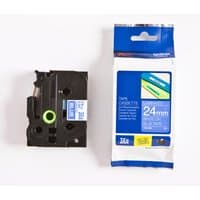 Brother P-Touch TZE555 24mm tape, white on blue, black cassette, packaging with blue label and product details.