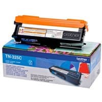 Cyan Brother TN325C toner cartridge with orange protective cover, displayed on a colorful branded box.