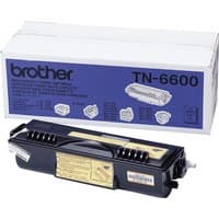 Brother TN6600 laser toner cartridge, black with yellow label, next to blue and white packaging box.
