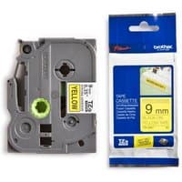 Brother TZES621 9mm tape cassette, gray casing, black text on yellow label, with packaging showing tape details.