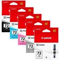 Canon PGI-72 Ink Cartridge Multipack with red packaging, includes PBK, GY, PM, PC, and CO cartridges.