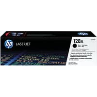 Black HP 128A toner cartridge box with blue HP logo and colorful text graphics on the front.