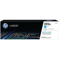 HP 205A Cyan Toner Cartridge box with blue accents and HP logo on black and white packaging.