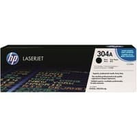 Black HP 304A toner cartridge box with colorful text design and HP logo on the top left corner.