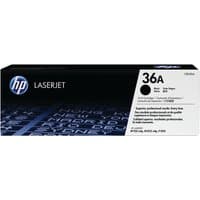 HP 36A Black Toner Cartridge Dual Pack, black box with blue HP logo and white text detailing model and compatibility.