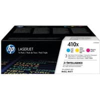 HP 410X High Capacity CMY Toner Value Pack, black box with HP logo and colorful toner icons.