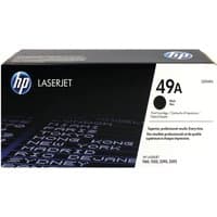 HP 49A Black Toner Cartridge box, black and white design with HP logo and product details.