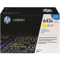 HP 643A Yellow Toner Cartridge box with HP logo, LaserJet branding, and product details in white and yellow text.