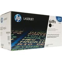 HP 649X black toner cartridge box with blue HP logo and colorful text design.