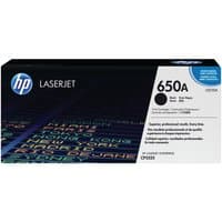 Black HP 650A toner cartridge box with blue HP logo and colorful text pattern on front.