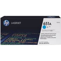 HP 651A Cyan Toner Cartridge, black box with blue accents, HP logo, and text detailing model and compatibility.