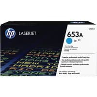 HP 653A Cyan Toner Cartridge in black box with blue accents and white label detailing specifications.