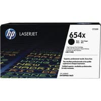 HP 654X Black Toner Cartridge box with HP logo, white label, and black text detailing page yield and compatibility.