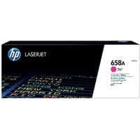 HP 658A Magenta Toner Cartridge box, black with colorful text and HP logo, white section displaying product details.