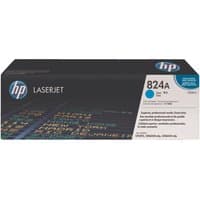 HP 824A Cyan Toner Cartridge box, black with blue accents, HP logo, and product details on the side.
