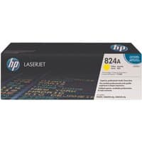 HP 824A Yellow Toner Cartridge box, black with HP logo, yellow accents, and product details on the side.