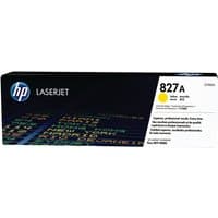 HP 827A Yellow Toner Cartridge in black box with colorful text and HP logo on top left corner.