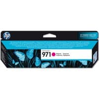 HP 971 Magenta Ink Cartridge box with blue butterflies and black background, HP logo on top left.