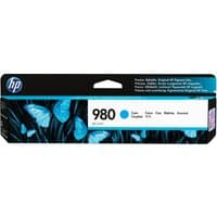 HP 980 Cyan Ink Cartridge, black box with blue butterfly design and white label displaying product details.