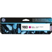 HP 980 Magenta Ink Cartridge, black box with blue butterflies and magenta dot, model D8J08A.