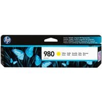 HP 980 Yellow Ink Cartridge, black packaging with blue butterflies and white label displaying product details.