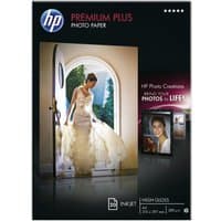 HP A4 Premium Plus glossy photo paper pack, 300gsm, 20 sheets, with bride image on black and blue packaging.