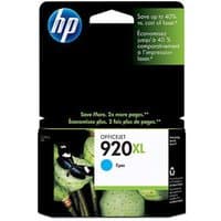 Black and green HP 920XL Cyan Ink Cartridge box with blue dot and HP logo.