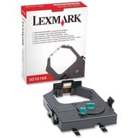 Black Lexmark 3070166 ribbon cartridge with green levers, shown with branded packaging box.