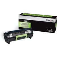 Lexmark 502U toner cartridge, black with green handle, next to matching black and green packaging box.