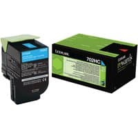 Lexmark 702HC cyan toner cartridge with black casing and blue label, next to green and black packaging box.