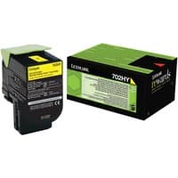 Lexmark 702HY yellow toner cartridge, black casing with yellow label, next to green and black packaging box.