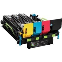 Black Lexmark imaging kit with yellow, cyan, and magenta components, featuring green handles and connectors.