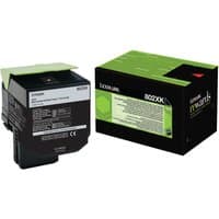 Black Lexmark 802XK toner cartridge with green top, next to branded black and green packaging box.