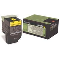 Black Lexmark 802XY yellow toner cartridge with green and yellow label, next to green and black packaging box.
