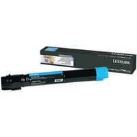 Lexmark X950X2CG cyan toner cartridge, black with blue cap, next to branded packaging box.