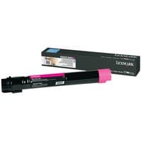 Black Lexmark X950X2MG magenta toner cartridge with pink cap, shown next to branded packaging box.