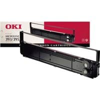 Black OKI 09002311 printer ribbon with rectangular casing, shown with red and white packaging.