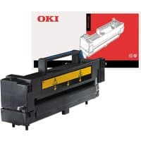 Black OKI 41304003 fuser unit with yellow caution label, handle on top, and red packaging box in the background.
