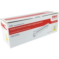White box with red OKI branding containing Original Oki 42918105 Yellow Drum Unit for C9600/C9800 printers.