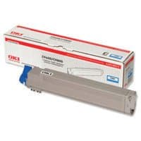 OKI 42918915 cyan toner cartridge, rectangular gray body with blue end, next to branded white and red box.