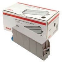 Gray OKI 44059108 black toner cartridge with rectangular design, shown with branded packaging box.