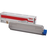 Beige OKI 44059166 magenta toner cartridge with blue cap, next to branded box with red and white design.