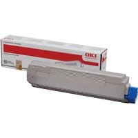 Gray OKI 44059253 yellow toner cartridge with blue cap, next to branded white and red packaging box.