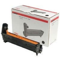 Black OKI 44064012 drum unit with orange accents, shown with branded white packaging box.
