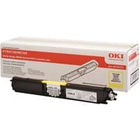 Yellow OKI 44250721 toner cartridge with black casing, white label, and matching branded box in the background.