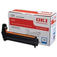 OKI 44315107 cyan drum unit with black and orange casing, next to branded packaging box.