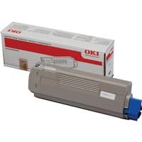 Gray OKI 44315308 black toner cartridge with blue end cap, next to branded white and red box.