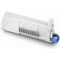 White OKI 44318608 black toner cartridge with blue cap and vented side panel.